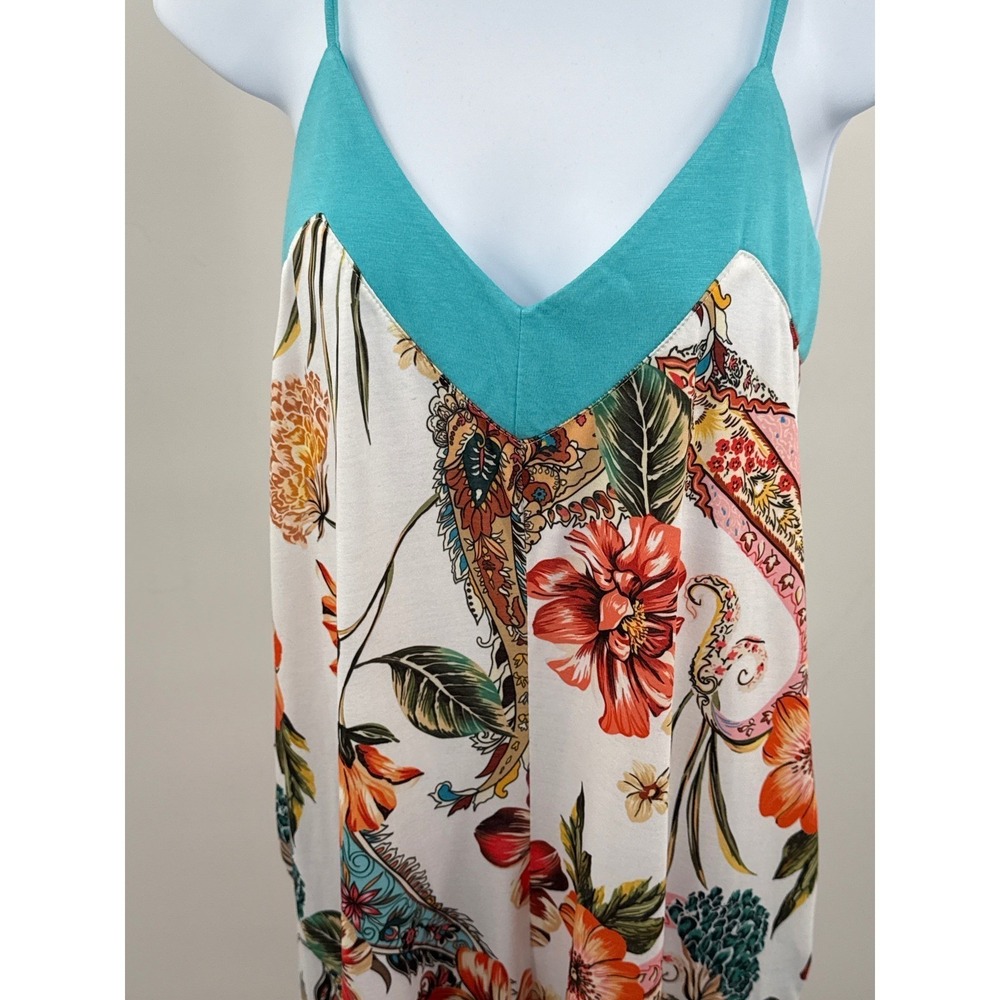 Daniali Floral Paisley Wide Leg Jumpsuit Small Teal White JDA01 Boho Pockets NWT